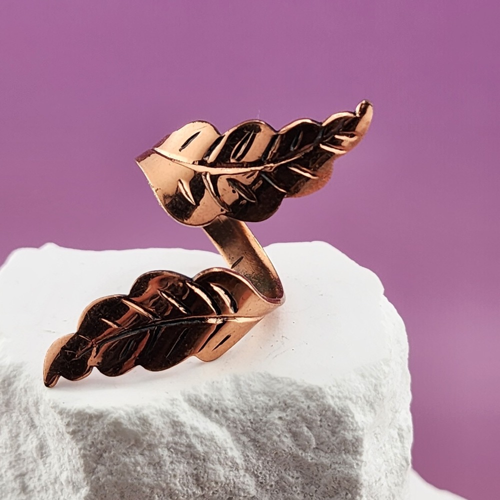 Rose Gold Tone Double Leaf Wrap Ring Botanical Statement Adjustable Size 8.5